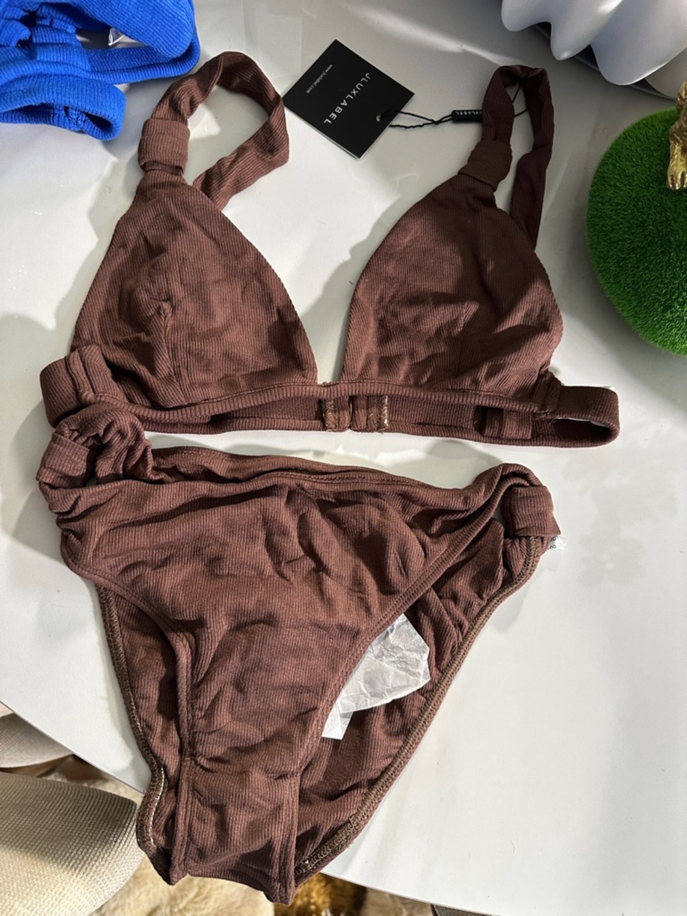 JLUXLABEL Brown Ribbed Triangle Bikini Set